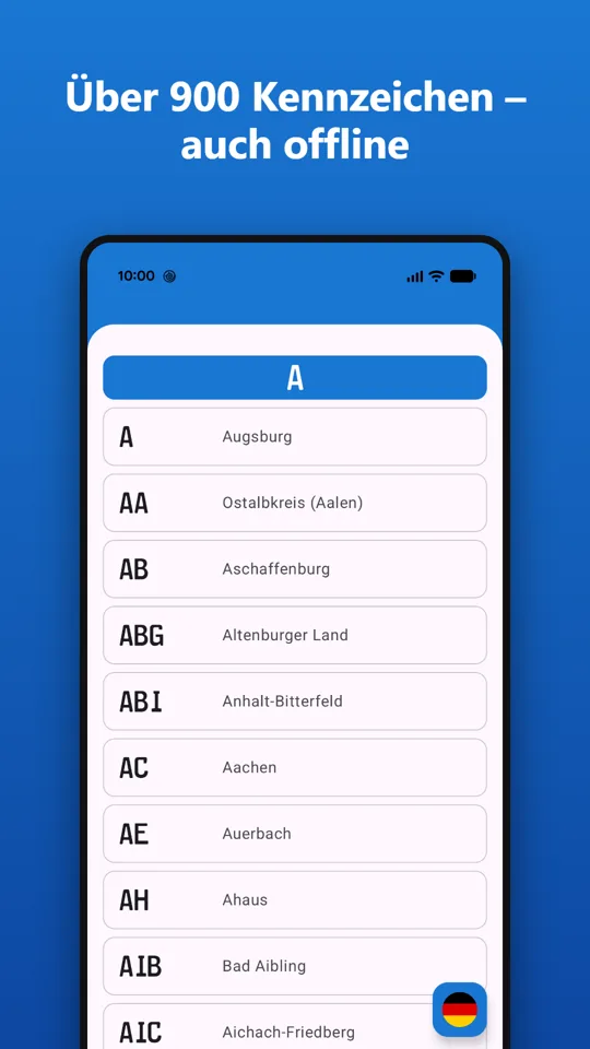 Alphabetische Liste aller Kennzeichen